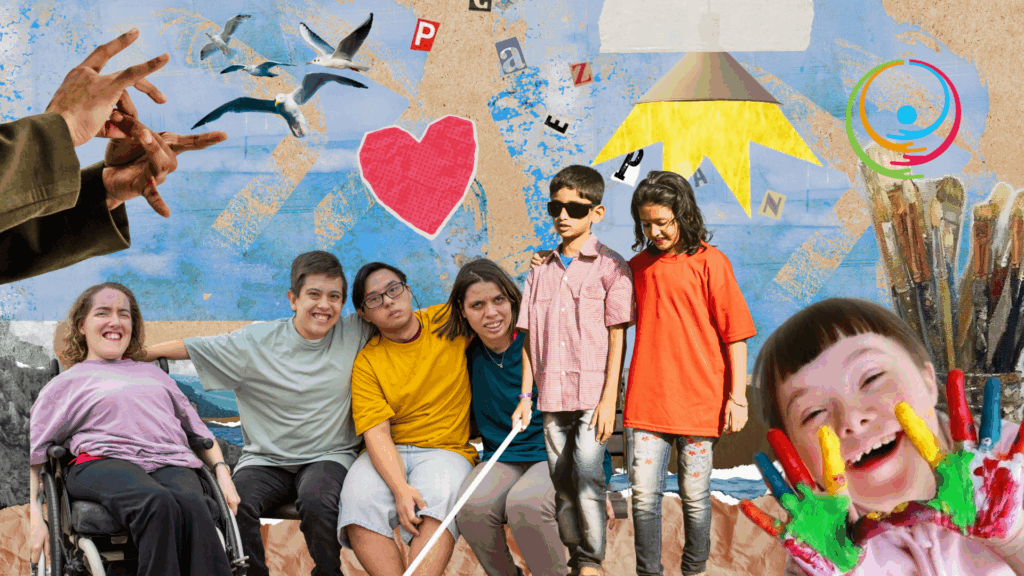 colagge que presenta jovenes y niños con discapacidad y sin discapacidad